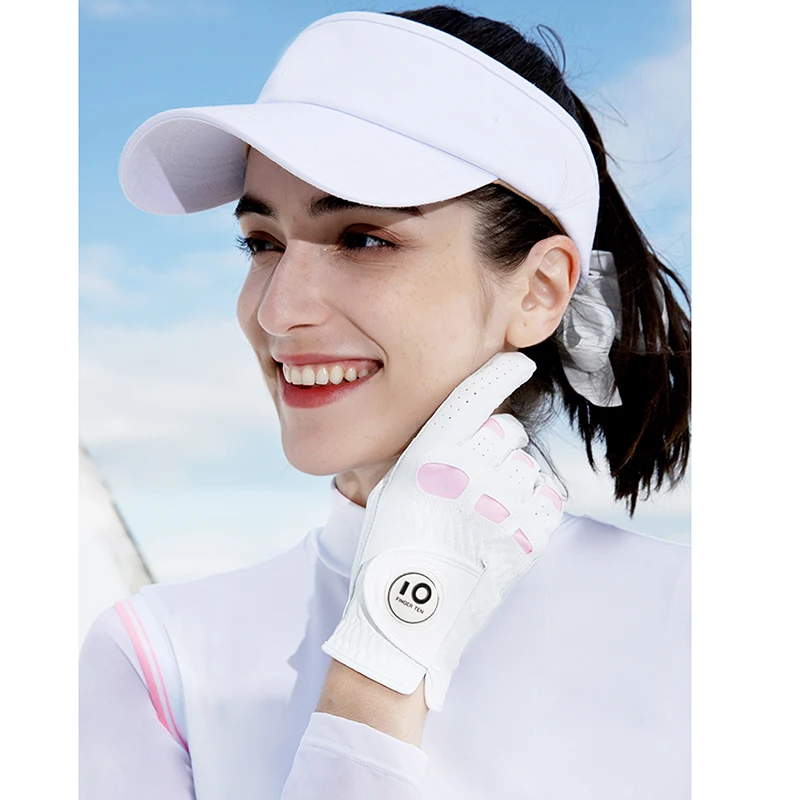 FINGER TEN Women Leather Golf Glove with Ball Marker Extra Grip 1 Pack, Left Right Hand Fit Ladies Girls