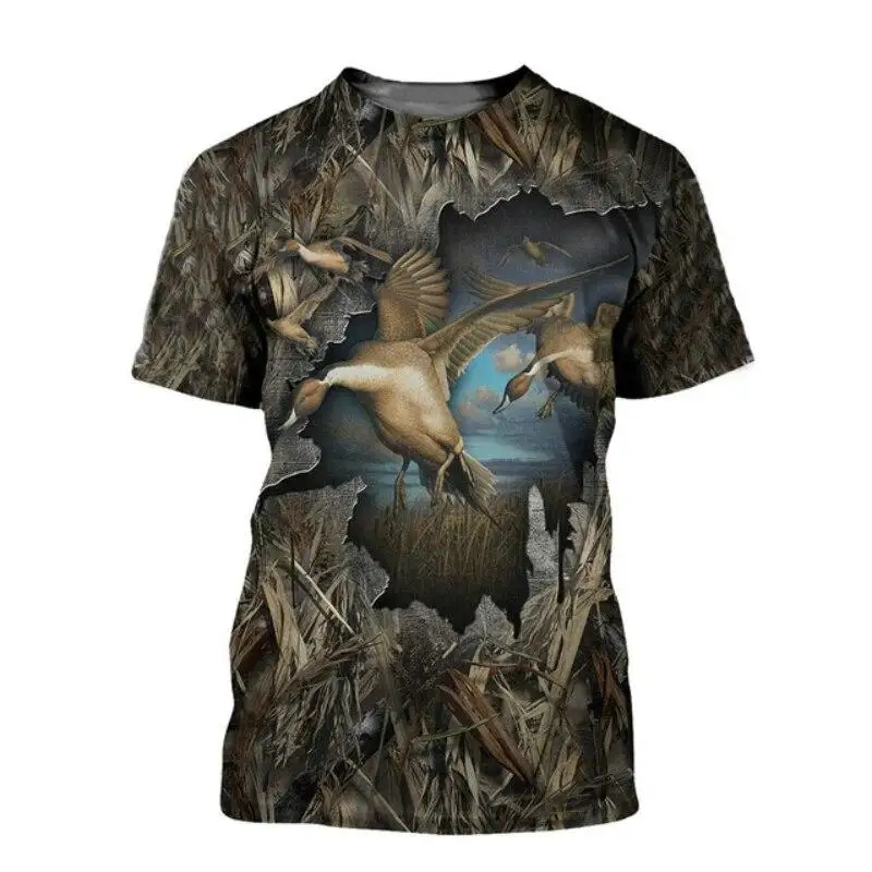 Men Hunting Camo Duck 3D Print T‑Shirt Wild Mallard Bird Camouflage O‑Neck Short Sleeve Casual Outdoor Summer Tee Tops
