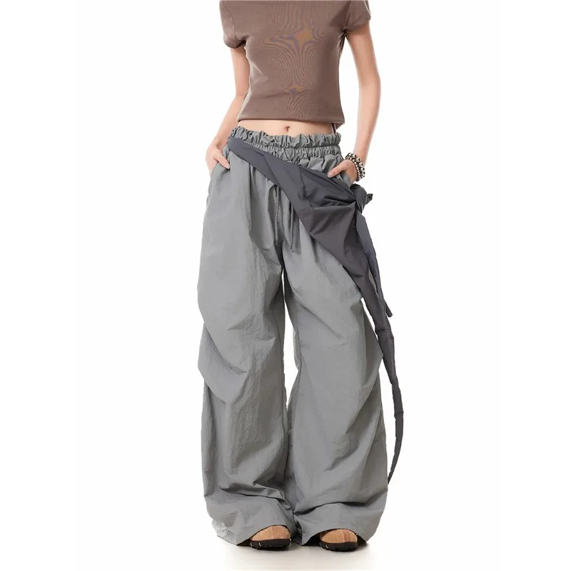 

Повседневные брюки с эластичным поясом, летние свободные брюки в стиле хип-хоп с завязками, длинные брюки со съемным ремнем из искусственной кожи