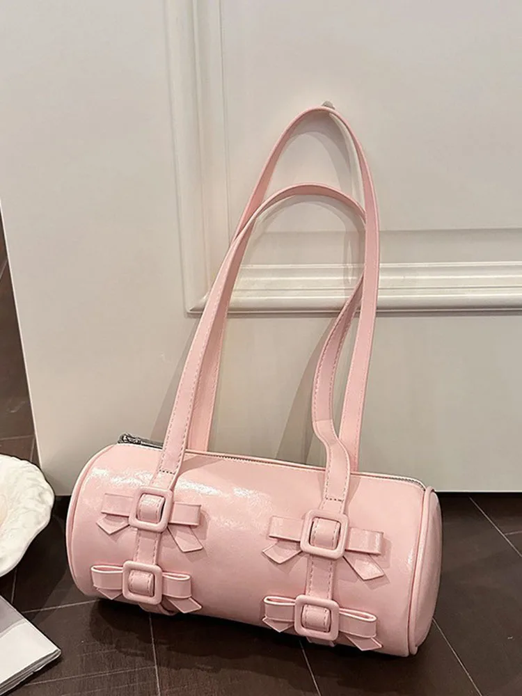 2026 New Red Bowknot Single Shoulder Bags Women's Color Blocked PU Leather Texture Underarm Bag Korean Retro Versatile Handbags