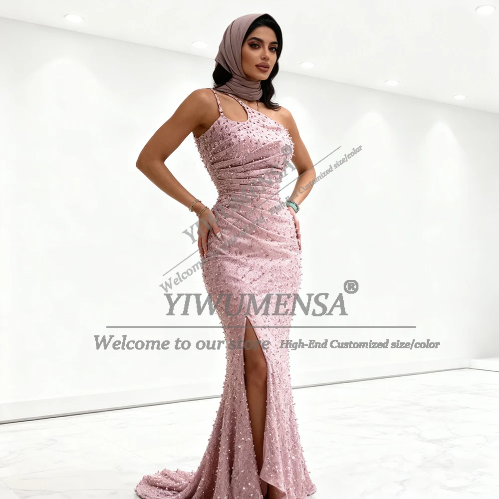 Vestidos de fiesta de un hombro con cuentas de lujo para invitados de boda, vestidos de noche plisados de sirena, traje de novia con abertura lateral personalizado