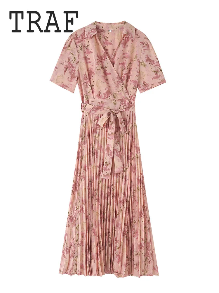 TRAF 2024 Pink Irregular Print Midi Dress Pleated Decoration Long Dress For Woman Waist Tie up Dress Ladies Summer Clothing