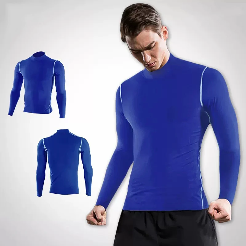 Men Turtleneck Running Long Base T Shirt Fitness Sport Basketball Football Gym Hiking Trainning Compression Tops Bottom Clothes