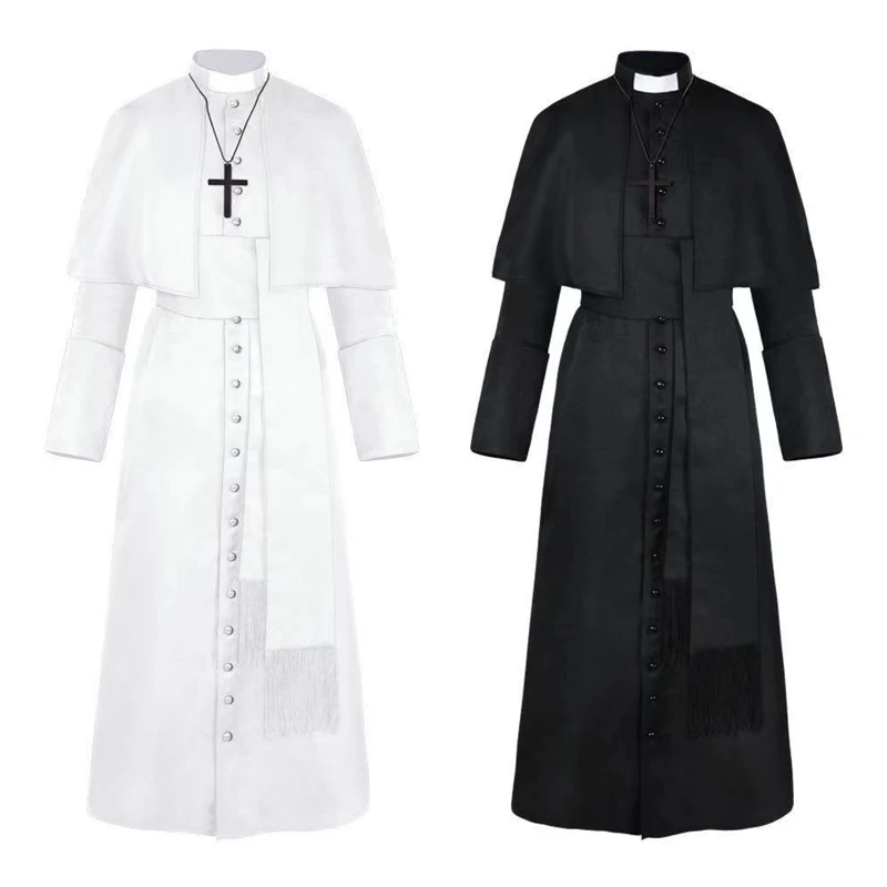 Costume de Prêtre pour Halloween, Robe Médiévale Renaissance Rétro, Robe Catholique Missionnaire, Robe de Couleur Unie, Soutane de Clergé