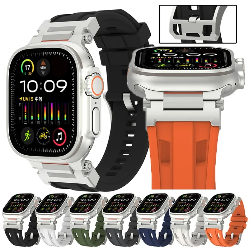 

Soft Silicone Strap For Apple Watch Band Ultra 2 49mm 46mm 42mm 44mm 45mm Titanium Color Sports Wristband for iWatch 10/9/8/7/6