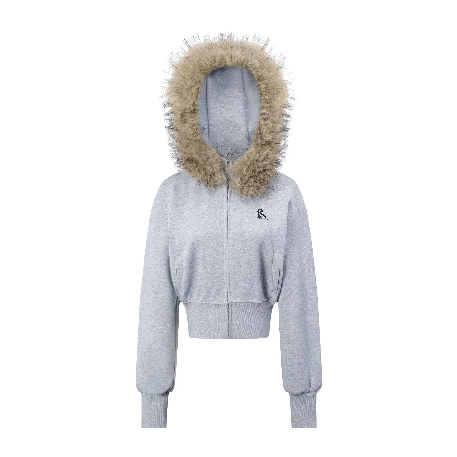Women's American Vintage Grey Faux Fur Collar Zip Up Hoodie, Slim Fit Cropped Hooded Sweatshirt, Spring Autumn Casual Outerwear