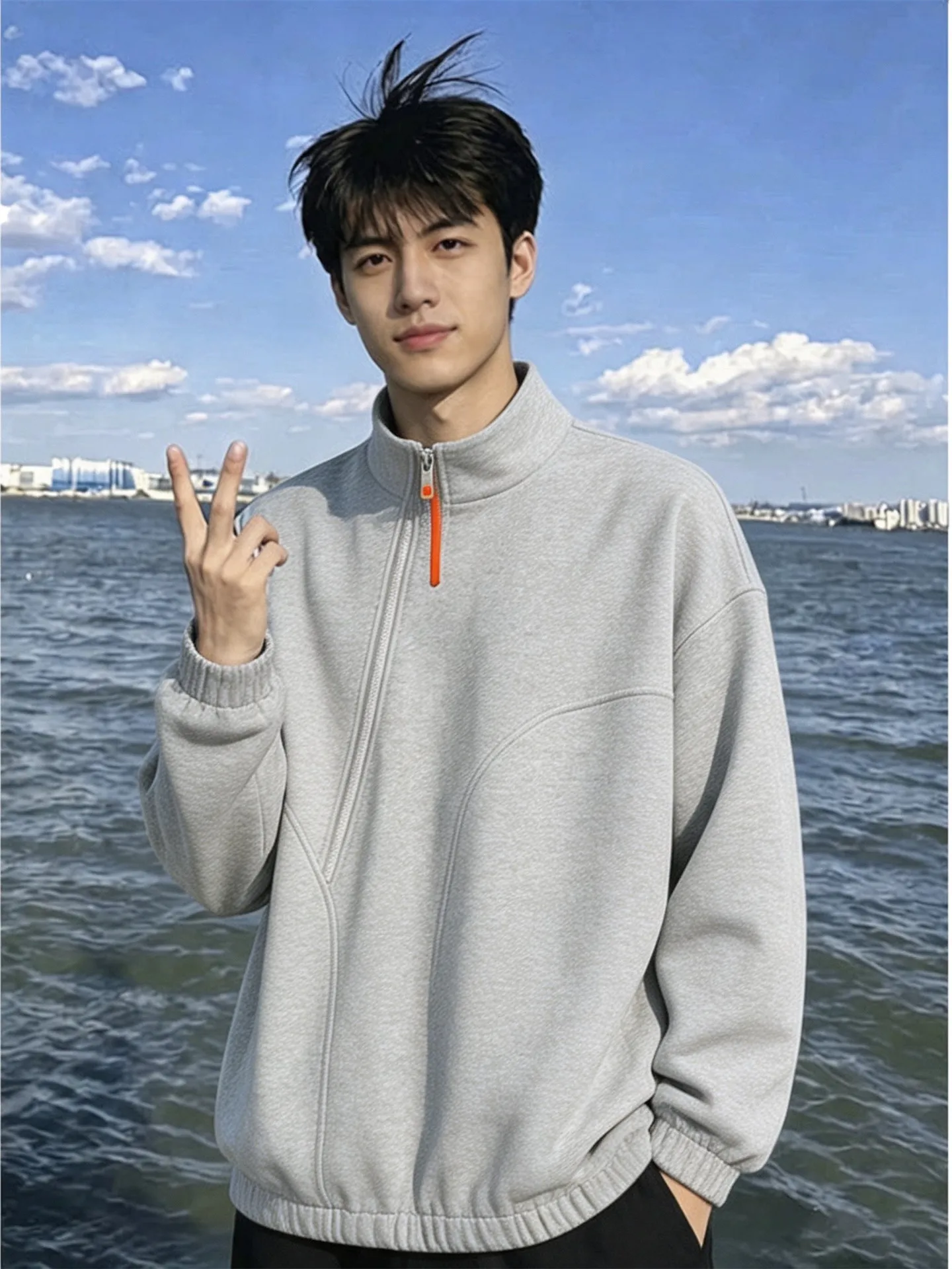 Simple Sport Heavyweight Stand Collar Sweatshirt for Men Autumn New Style Diagonal Zipper Short Wide Long Sleeve Commuting