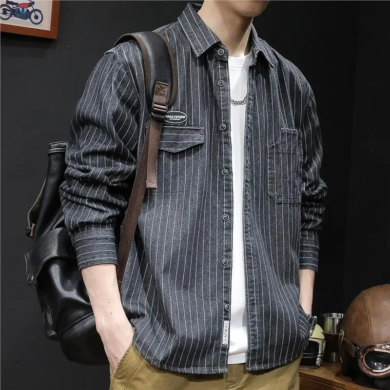 

American Sle Casual Striped Long Sve irt Men's Spring Autumn Heavyweight Denim Jaet Loose Fit Classic Vintage