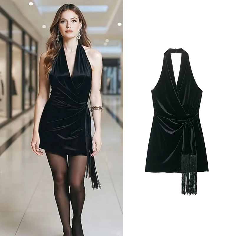 Gaun Wanita Musim Gugur 2025 Mode Baru Slim Kerah V Elegan Mini Pesta Gaun Wanita Musim Gugur Chic Street Gaun Remaja