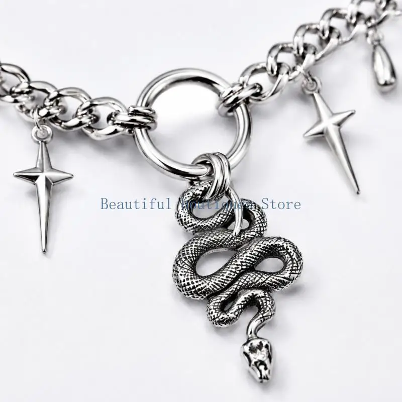 U4LF Alloy Snake Pendant Necklace with a Central Ring, Curb-Link Chain and Mixed Hanging Details for a Bold Focal Point Worn