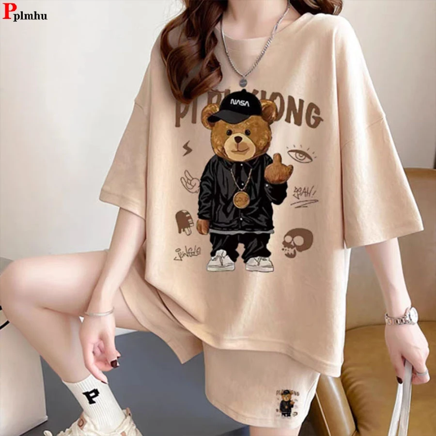 Cartoon Print Summer Casual Shorts 2 Piece Sets Loose Oversize For 145KG Korean Tracksuit Half Sleeve T-shirt+Short Pants Outfit