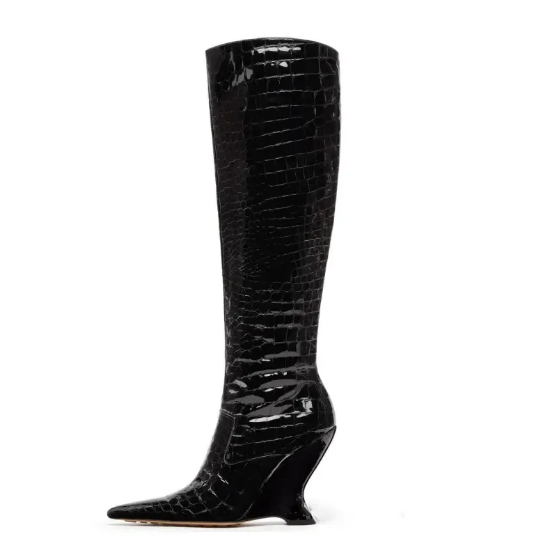 Black White Runway Style Knee Length Boots Women Sexy Black Irregular High Heels Long Boots Winter European American Woman Shoes