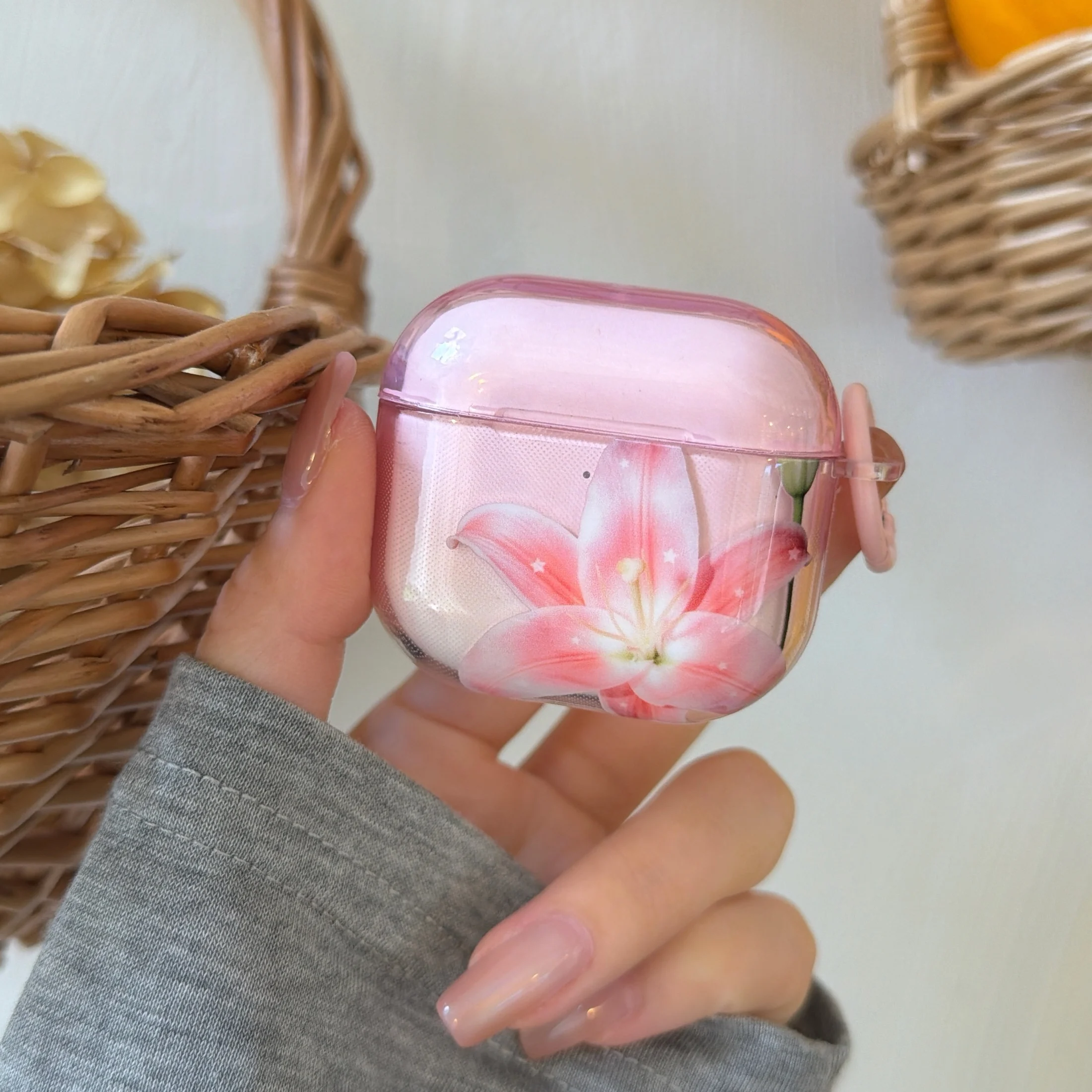 Fashion Lily Flower Star Pattern Transparent Pink Protection Earphone Case Cover Case For AirPods 1 2 3 4 Pro Pro2 Pro3