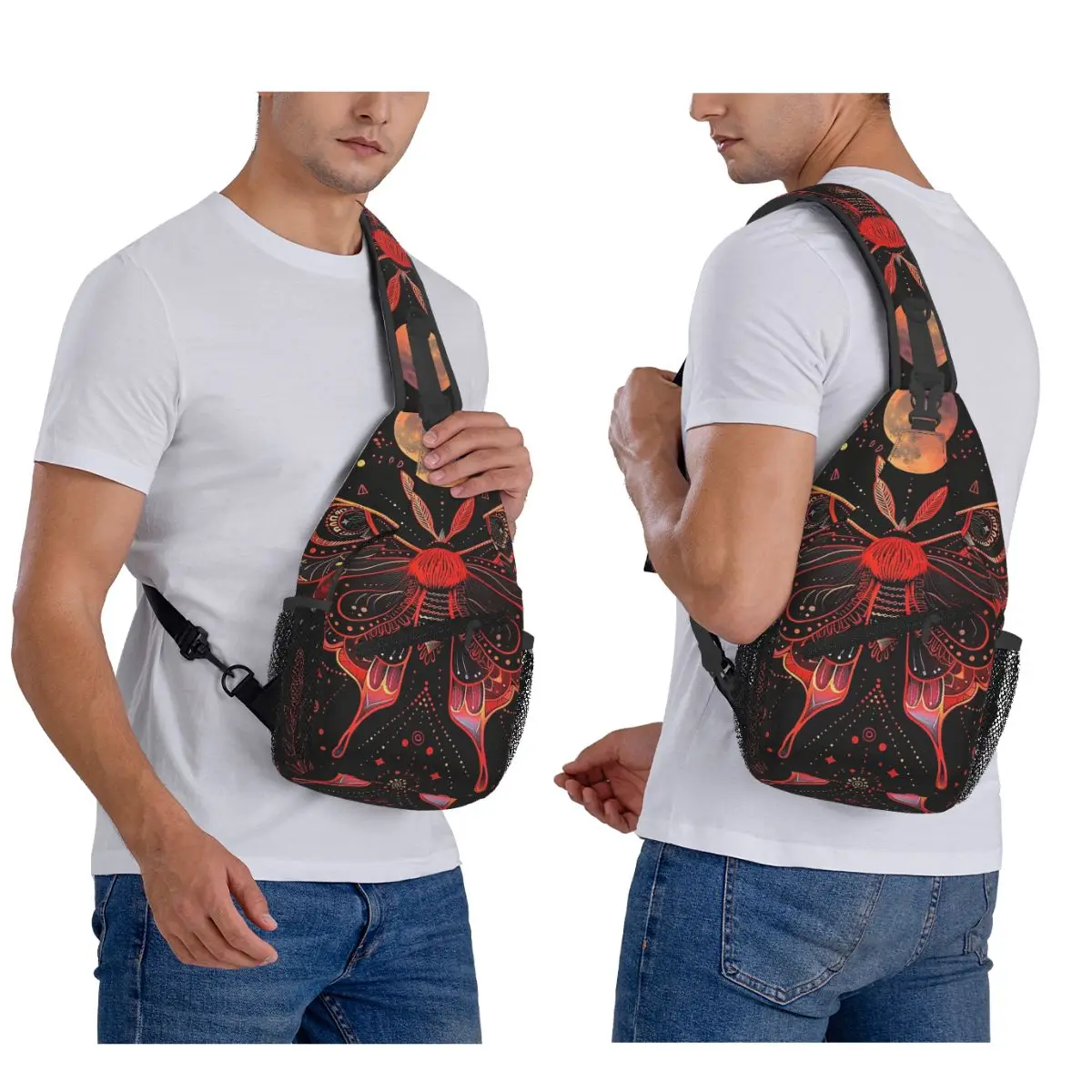 Esoteric Cicada And Moth Witchy Celestial Sun Moon Pattern Chest Bag Men Sling Crossbody Backpack Chest Bag Daypack Shoulder Bag