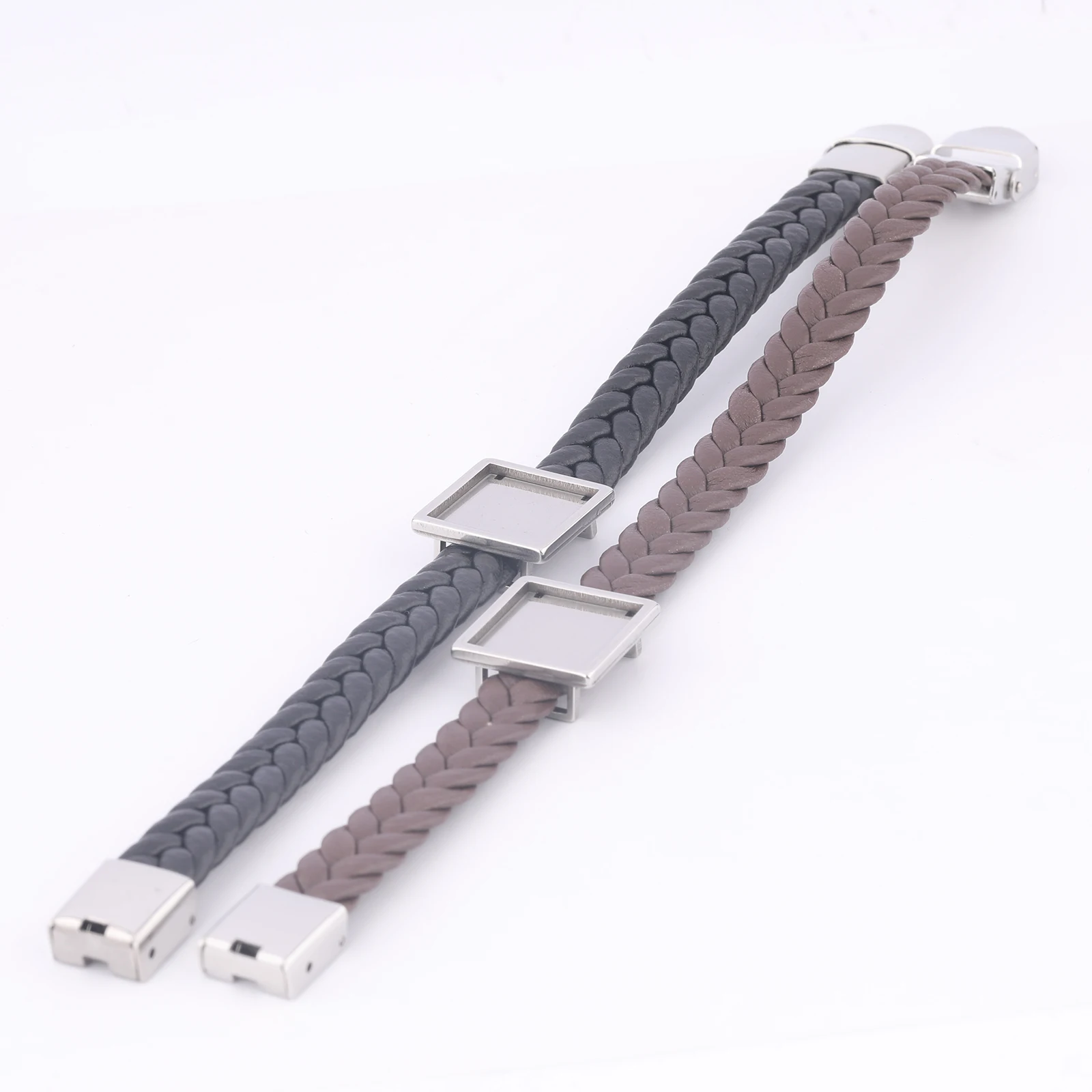 2 قطعة الفولاذ المقاوم للصدأ صالح 15 مللي متر مربع المنزلق كابوشون سوار قاعدة الفراغات Diy بها بنفسك الأسود براون الجلود الحبل أساور إعدادات الحافة