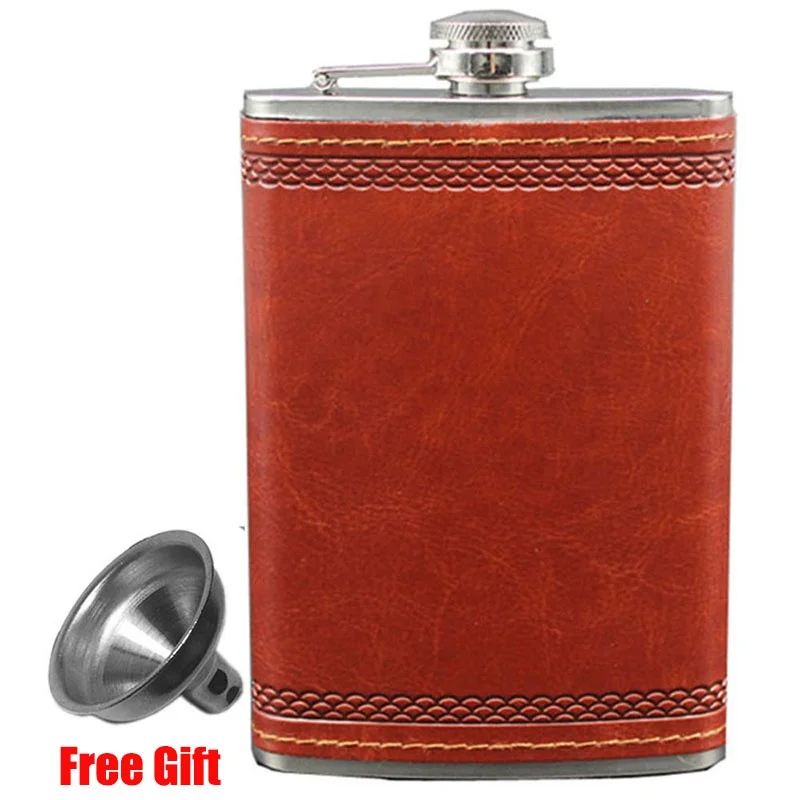 NONE Flachmann mit Trichter, 9 Unzen Edelstahl, für Likör, Outdoor, Whisky, PU-Leder, Tasche, Alkohol, Herren-Geschenkset 3