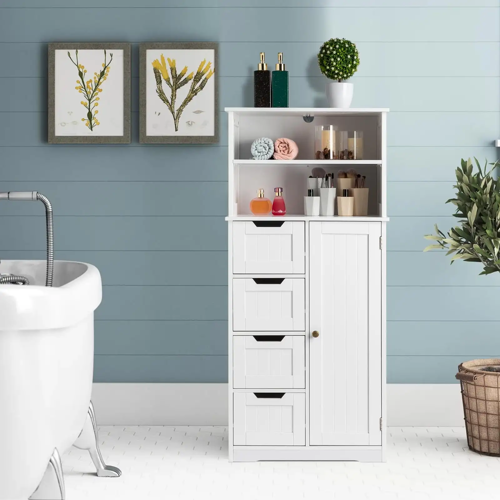 Mueble de baño independiente, mueble de almacenamiento multiusos con 4 cajones, 1 armario y ajustable