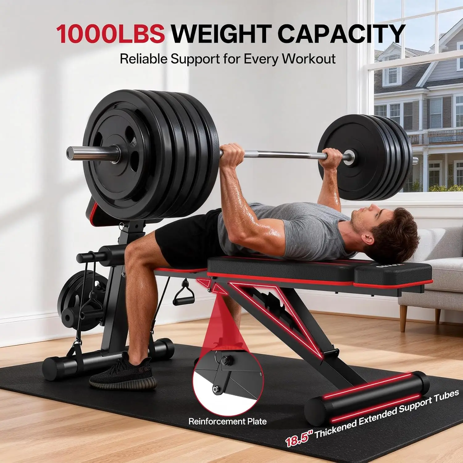 Adjustable Weight Bench for Home Gym, 1000 LBS Capacity, Foldable Incline Decline Flat Workout Bench with Leg Extension & Back E