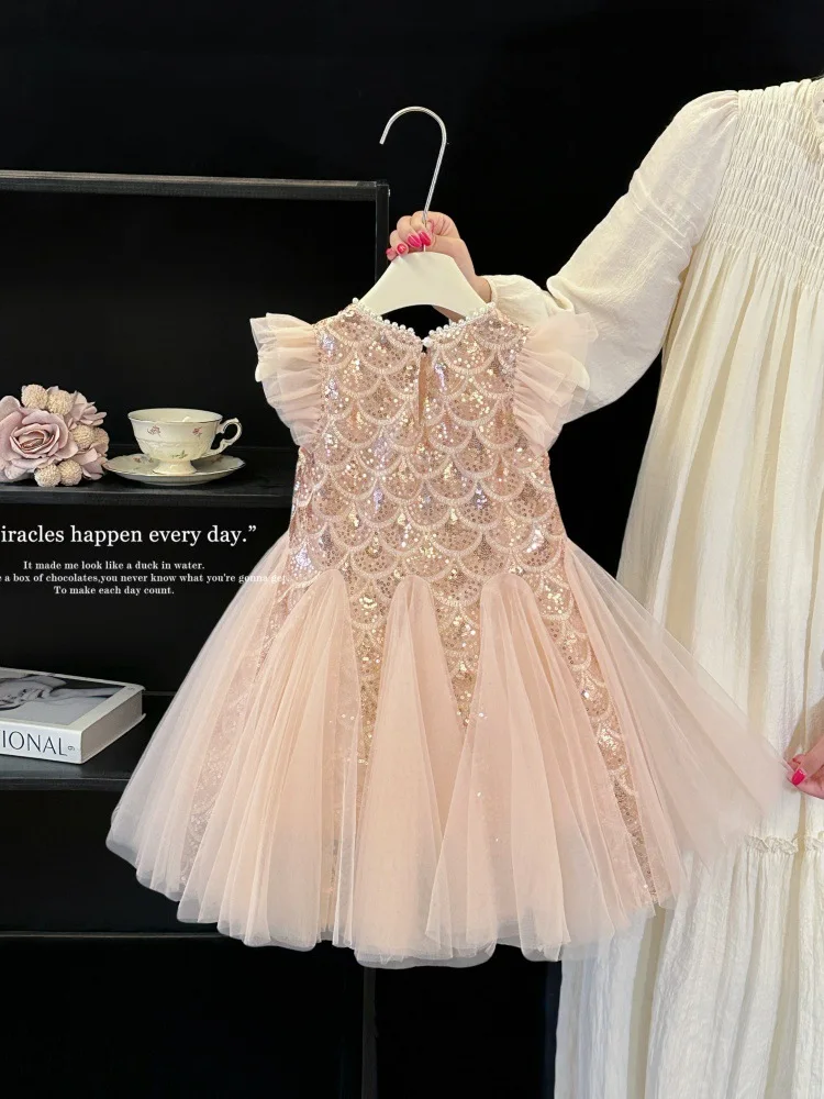 Baby Kids Princess Sequined Tulle Flower Girl Dresses First Communion Dresses Birthday Christmas Gift Wedding Party Birthday