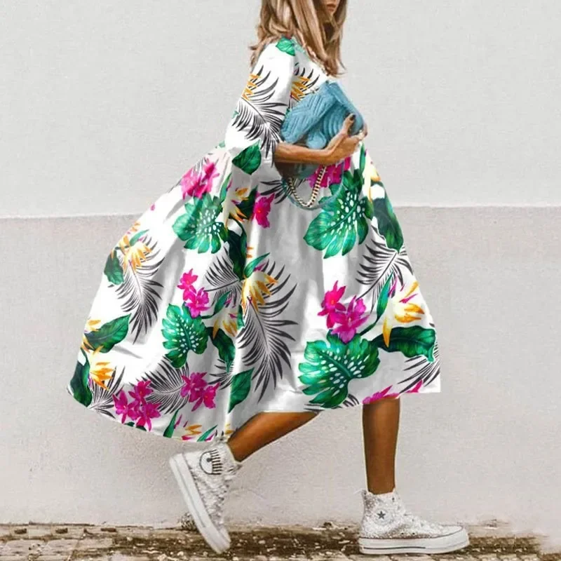 Fashion Floral Print Boho Oversize Loose A-line Dress For Women Summer Casual Three Quarter Sleeves Holiday Midi Dresses Female