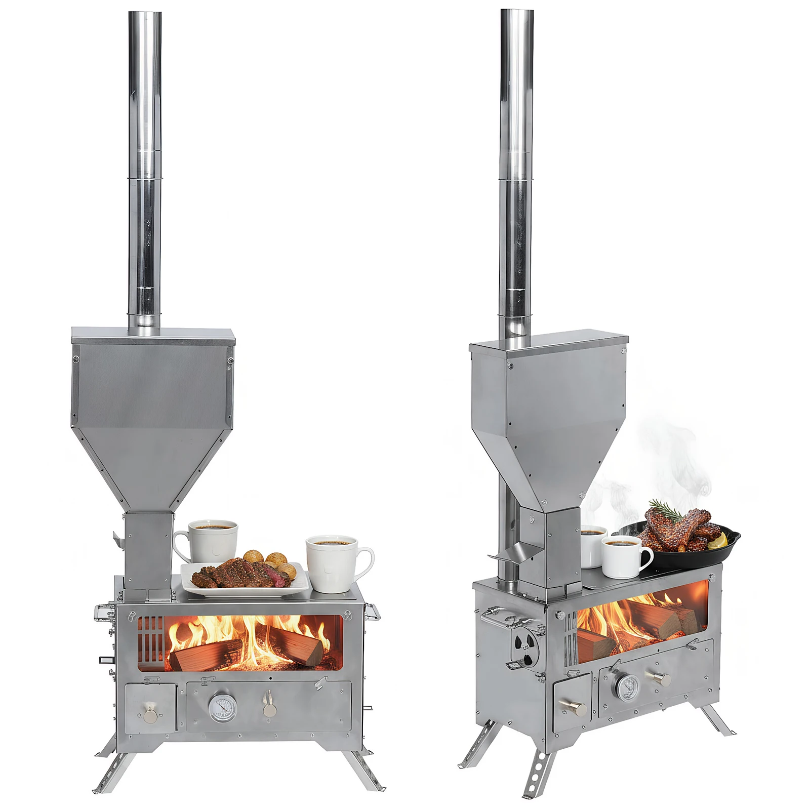 

Stainless Wood Burning Stove with Chimney Pipe Pellet Stove with Oven for Outdoor Heating & Cooking Ice Fishing Hunting