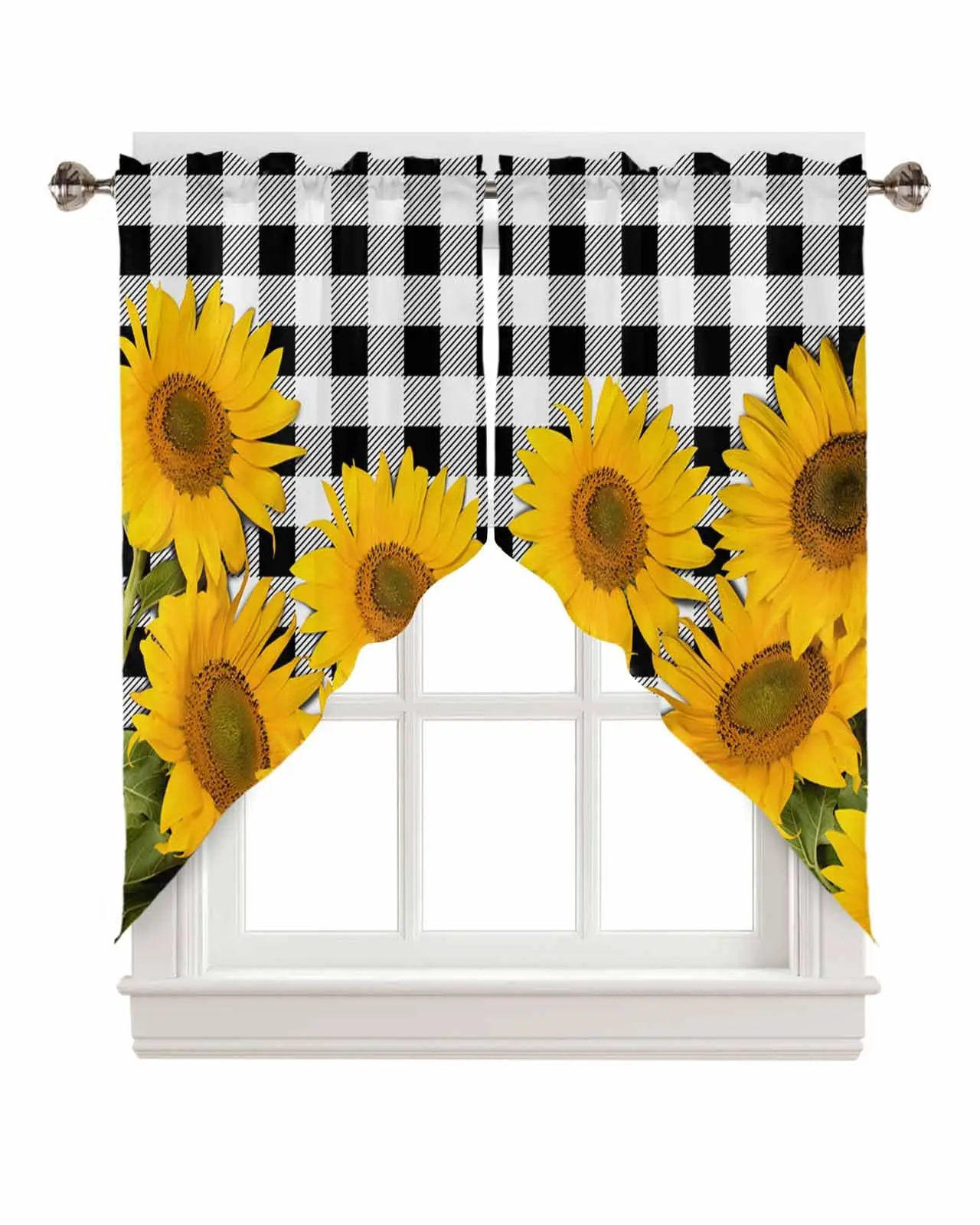 Sunflower Swag Valance Curtains, Farmhouse Sunflower Summer Rod Pocket Kitchen Plaid Scalloped  for Living Room Bathroom Window