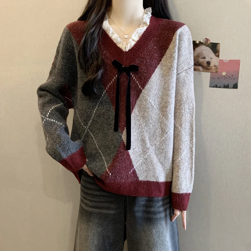 

Милый кружевной лоскутный свитер женский корейский Harajuku Y2K Diamond вязаный пуловер с v-образным вырезом и длинными рукавами осень-зима свободный ленивый топ