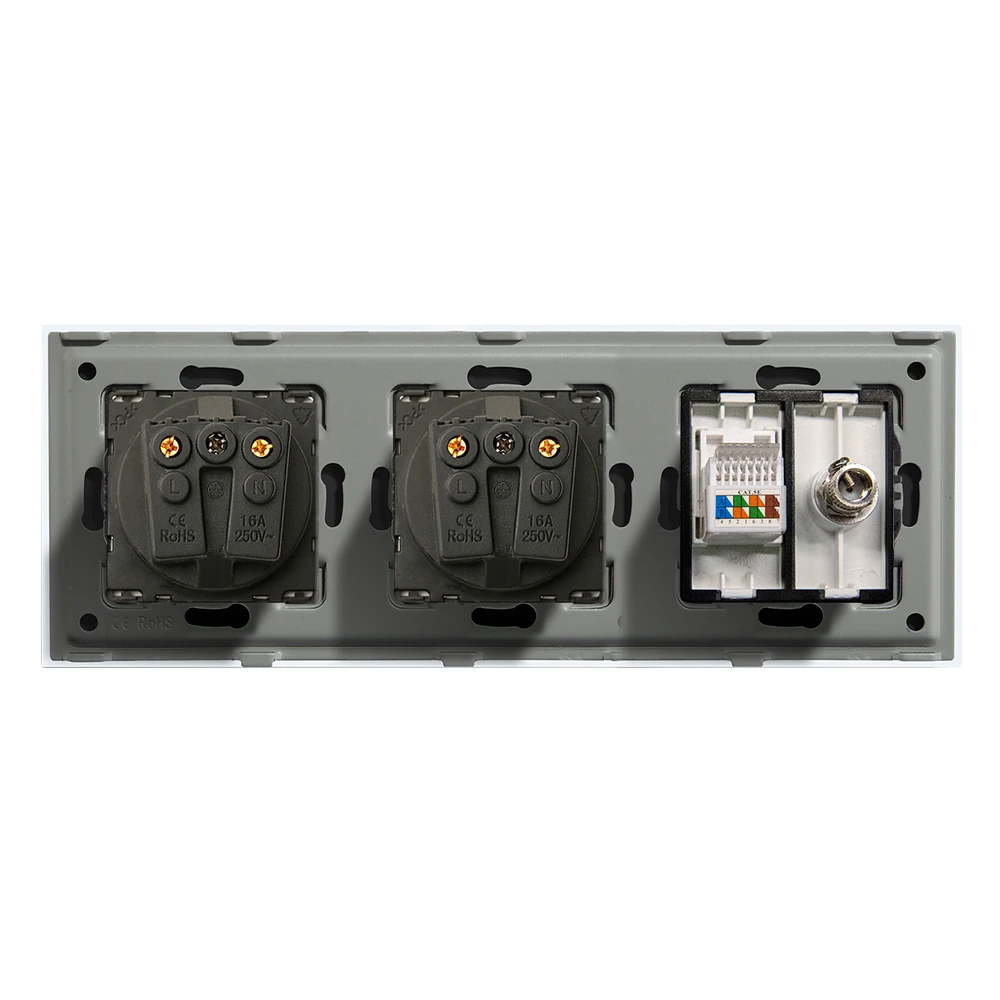 Bingoelec EU Standard Triple Wall socket TV Computer Internet Rj45 network connector Glass Panel White Black Home Improvement