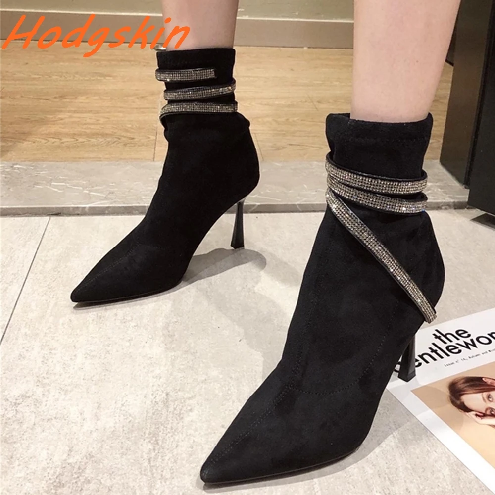 

Women Stretch Boots Rhinestone One Word Belt Winding Bling Boots Pointed Toe Slip On Stiletto Heels Sexy Autumn Fashion Boots