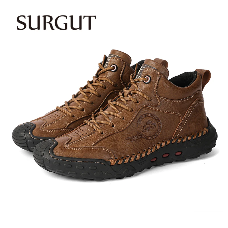 SURGUT Men's Biker Boots Leather Casual Shoe High Top Shoes for Men Trendy All-match Thick Bottom Lace-up Working Boot