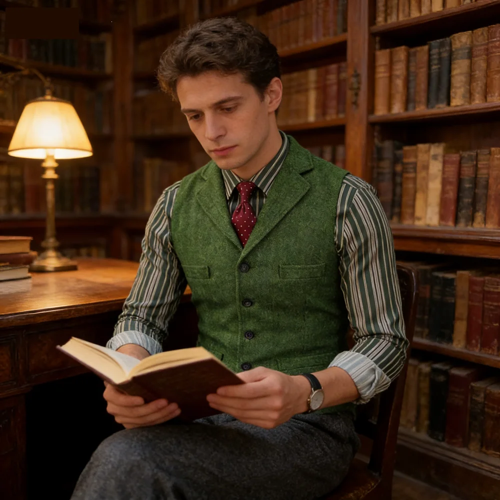 

Мужской приталенный шерстяной жилет, твидовый костюм с узором «елочка» на свадьбу, шафер и бизнес, винтажный стиль, индивидуальный заказ, P