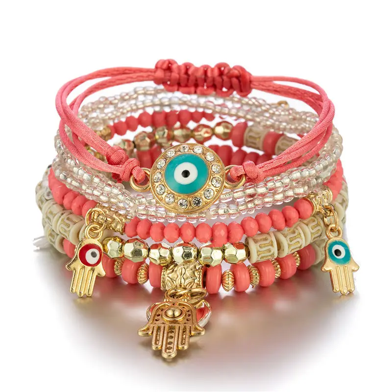 6-teiliges Set böhmisches Armband mit bösem Auge für Damen, Fatima-Hand, Herzanhänger, Perlenarmband, Kettengliederarmband, weiblicher Schmuck, Geschenk – Detail 5