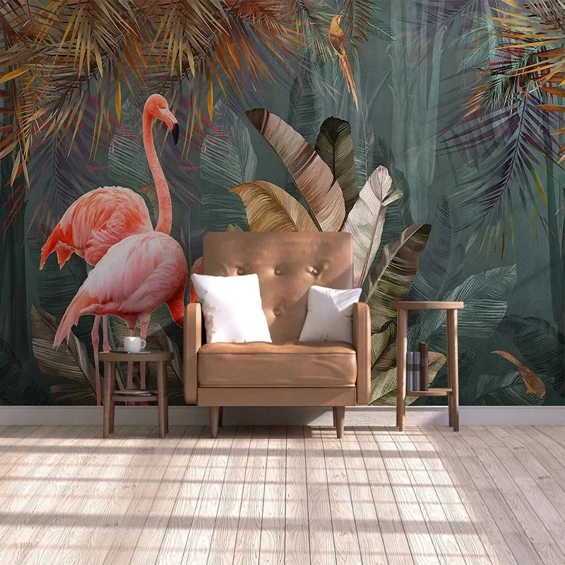 Romantic 3D Poster Papier Peint Panoramique Tropical Plant Forest Banana Leaf Flamingo Photo Wall Home Decor Office Work Bedroom
