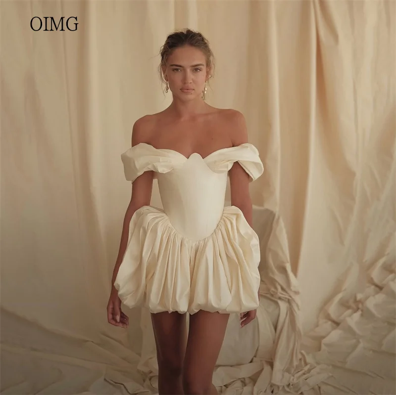 

OIMG Graceful Ivory Ball Prom Gowns Satin Off The Shoulder Backless Party Gown Mini Evening Dress vestidos de gala Customized