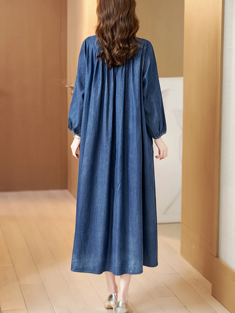 TIYIHAILEY Free Shipping A-line Women Long Mid-Calf Full Sleeve Denim Spring Dresses Chinese Style Embroidery V-Neck 2022