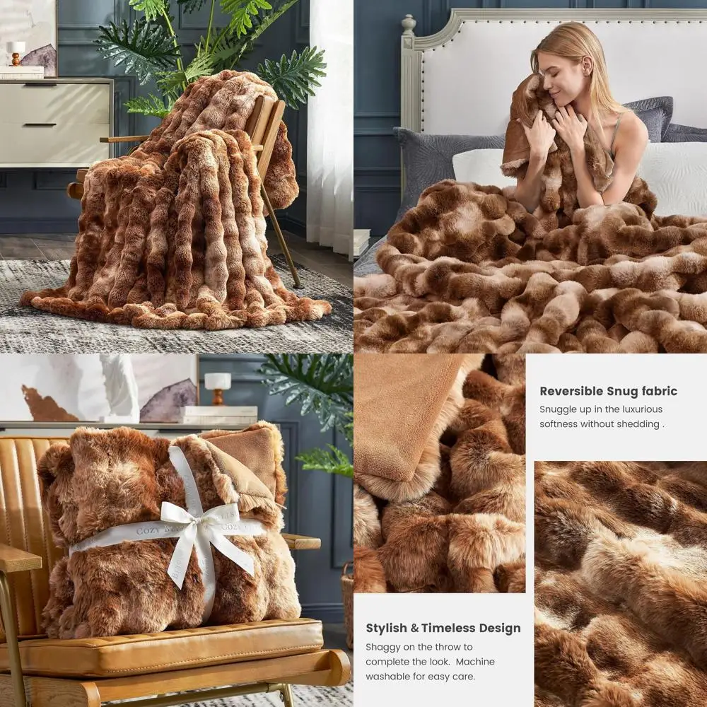 

Cozy Plush Faux Fur Throw Blanket, Thick Bubble Design, 60x80 Inches, Tie-Dye Brown for Sofa, Bedroom, Living Room
