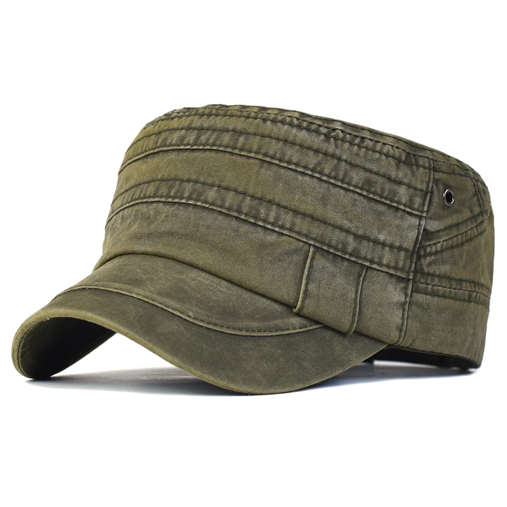 Casual Washed Cotton Flat Top Hat Adjustable Military Caps Men Women Cadet Army Cap Unique Design Vintage Four Seasons