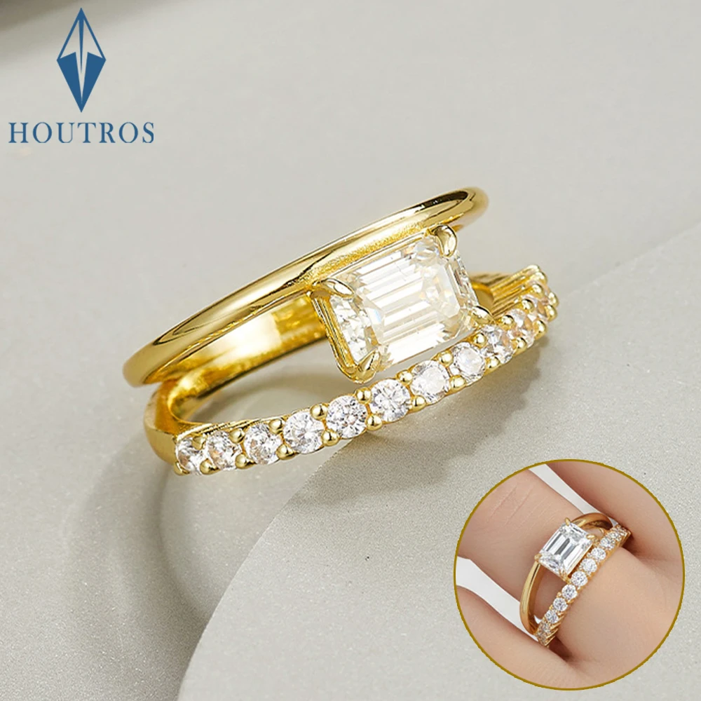 

5x7mm Emerald Cut Moissanite Double Layer Rings for Women 925 Sterling Silver 18K Gold Plated Party Ring Wedding Bands Jewelry