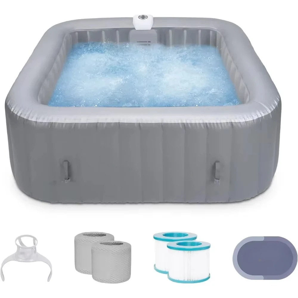 

Inflatable Hot Tub 4 To 6 Person, Blow Up Spa Square Outdoor Hottub, 130 Soothing Bubble Air Jets, Cover, 2 Filter Cartridges