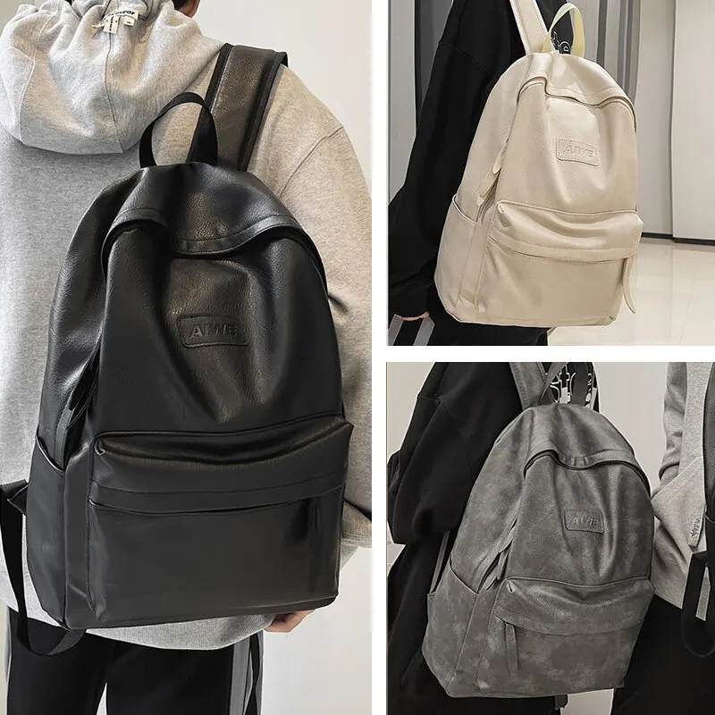 Mochilas de couro PU para homens e mulheres, bolsas simples de grande capacidade, bolsa de viagem unissex, monocromática