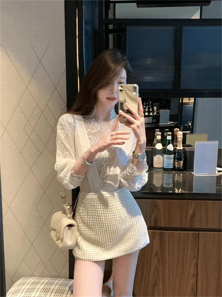 

Korean Sle Pure Desire Lace Splice V-ne Women's Spring Set f-length Skirt Long Sve ort Pants Faionable Outfit