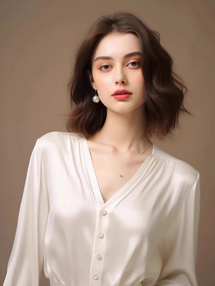 เสื้อไหมชีฟองทรงวี แขนยาว ดีไซน์เกาหลี ให้ความรู้สึกหรูหรา ช่วยพรางหุ่น เหมาะสำหรับใส่ทำงาน สไตล์เกาหลี สำหรับผู้หญิง