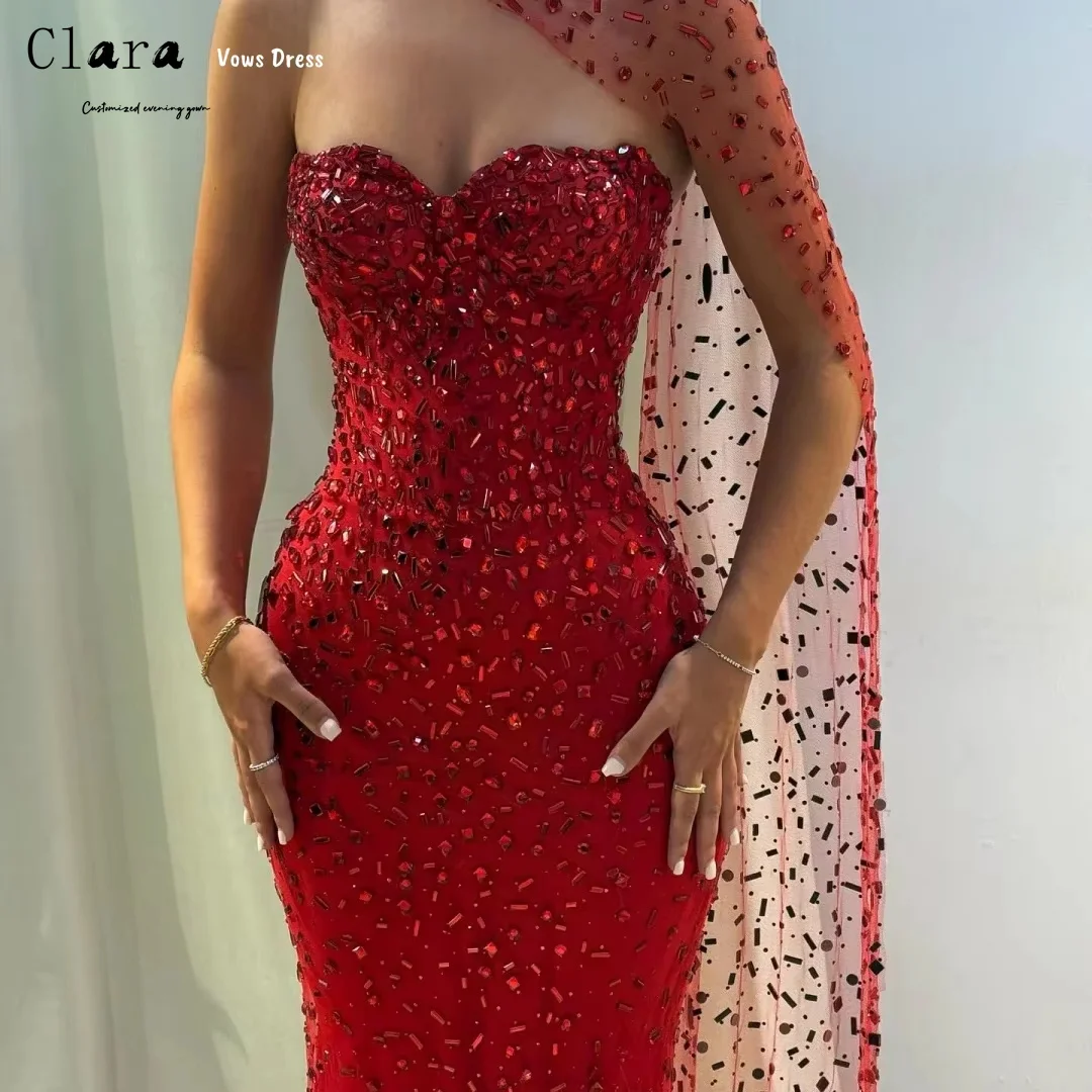 Clara personalizado lentejuelas rojas sin hombros diamantes de imitación vestido de baile para mujer vestidos largos elegantes vestidos de fiesta de noche vestido largo de graduación