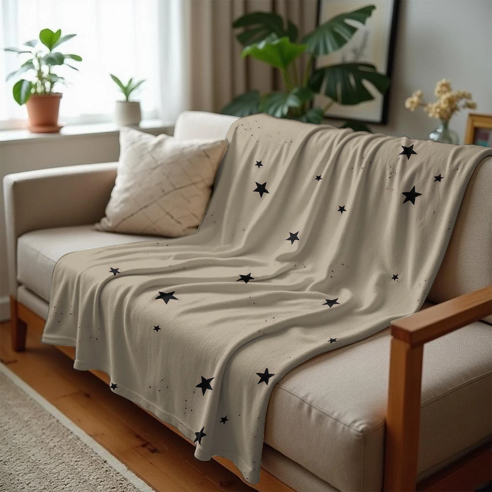 Beige Black Stars Cartoon Anime Print Flannel Blanket Soft Warm Throw for Kids Bedroom Sofa Bed Christmas Office Car