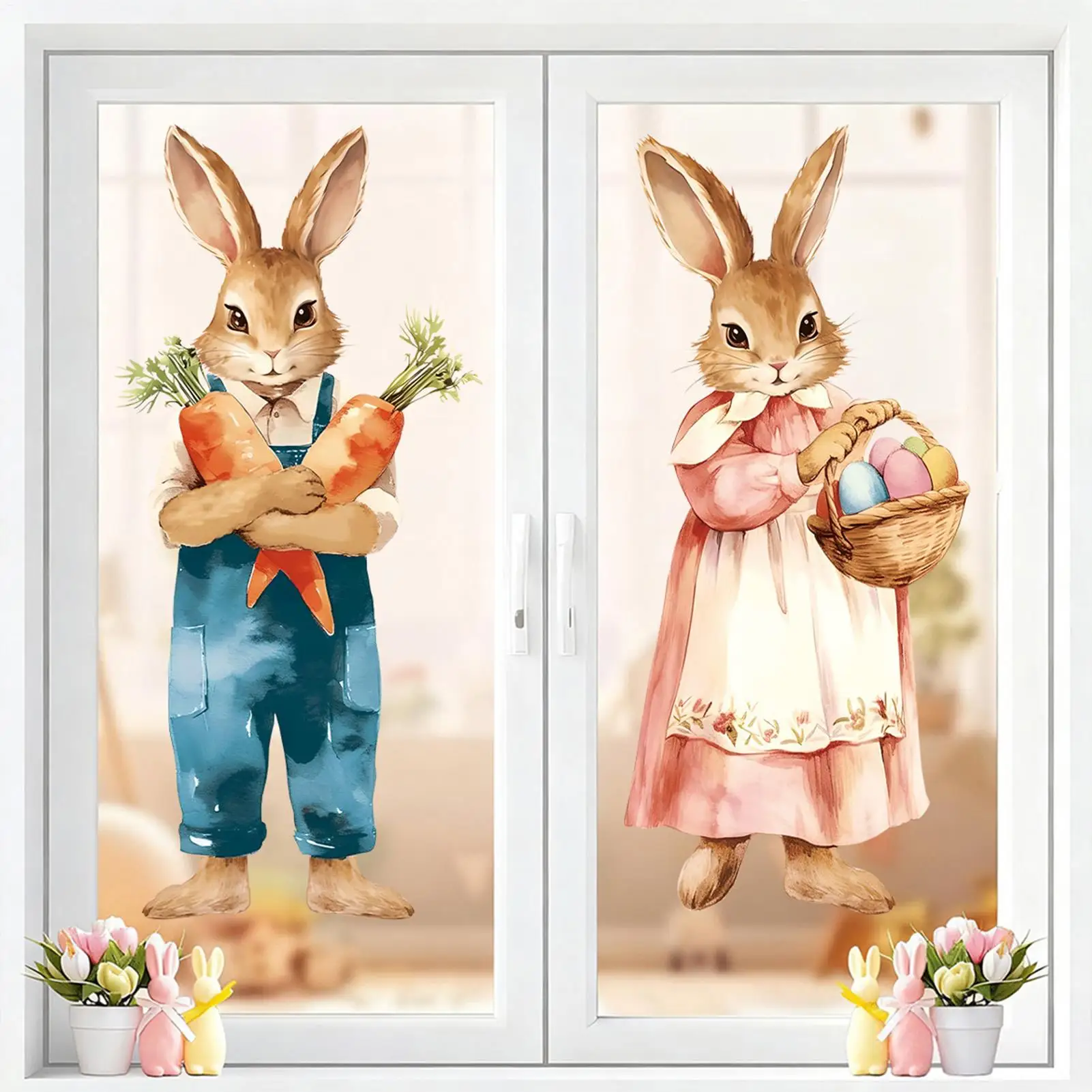 Oster-Fensteraufkleber, 2 Stück, großer statischer Aufkleber, 39 x 80 cm, abnehmbar, niedlicher Hase, für Zuhause, Tür, Wand, Partyzubehör, Dekoration