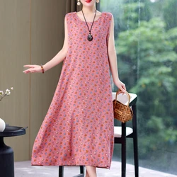 New Casual Vintage Summer Dress Vestido Print Natural Regular Sleeveless O-neck Cotton Dresses Women Clothing Plus Size