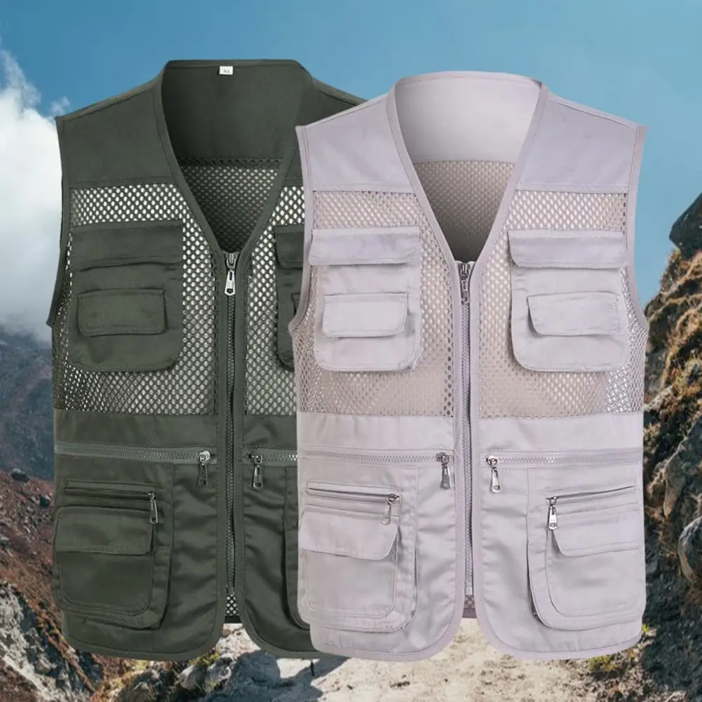 

2025 Fishing Vest Men's Spring/Summer Mesh Solid Color Multi Pocket Fishing Shoulder Casual Vest Loose Net Yarn Waistcoat