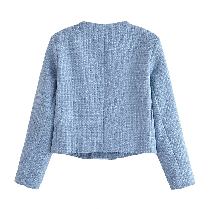 KEYANEKTIAN Women Textured Double-Breasted Short Suit New Winter Light Blue Round Neck Shag Wool Fabric Scented Coat