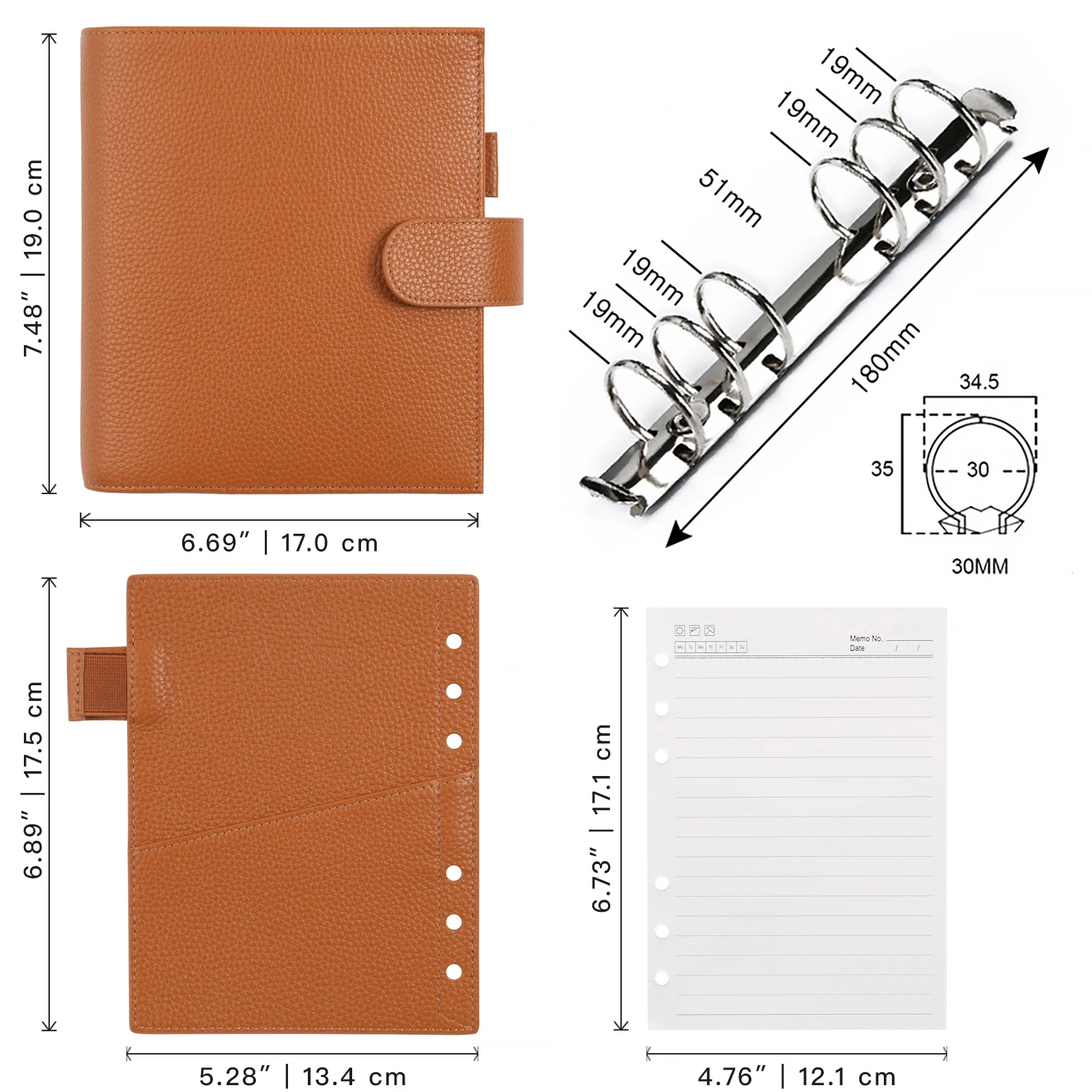 Moterm Luxe 2.0 Series Personal Wide Size Planner Pebbled Grain Leather with 30 MM Silver Rings Notebook Diary Organizer Agenda