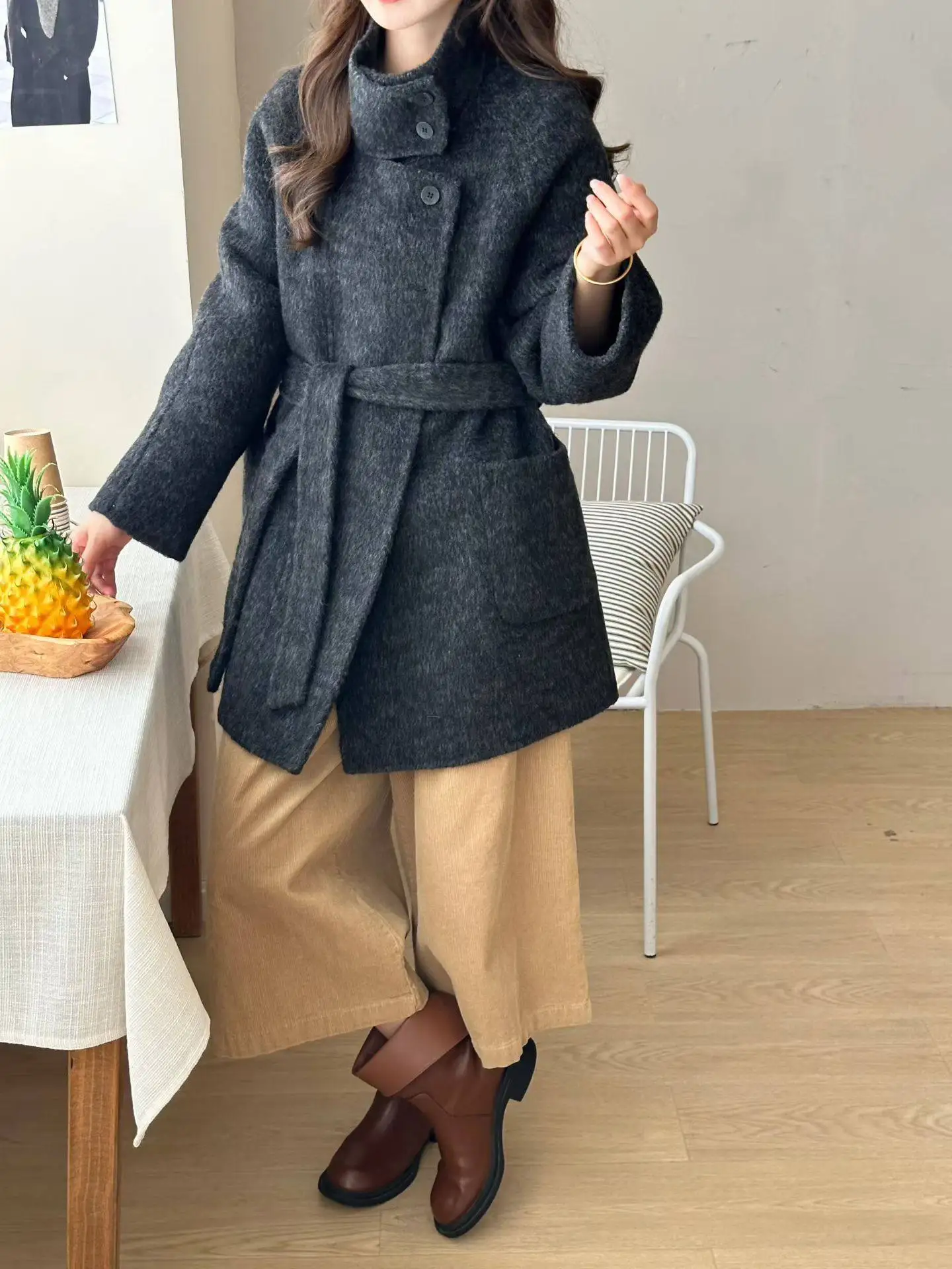 Autumn Winter Stand Collar Solid Double Sided Wool Overcoat Double Sided Fabric Coat Woman Single Breasted Lace Up Woolen Jacket